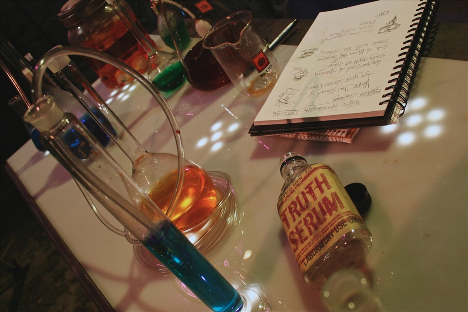 Tools of the trade. Volunteer artists add flavor to various set pieces. 