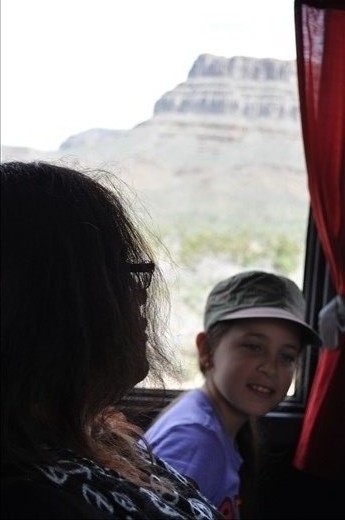 Wife and daughter on bus to the Grand Canyon 