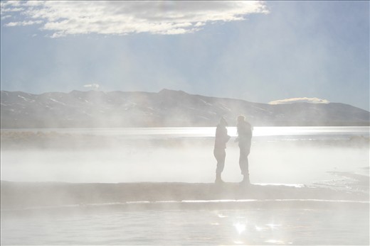 A mystique atmosphere by steamy hot water springs in the Andes
