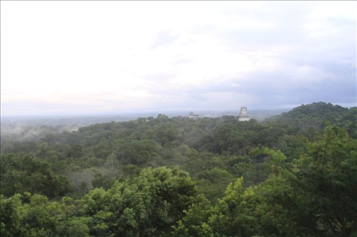 A hazy sky, the sunset and temples rising above the jungle, almost unbelievable,Tikal