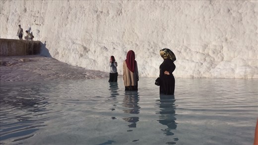 HW. Pools of water along the way with silt like mud on the bottom.  Some folks were smearing the mud on themselves.