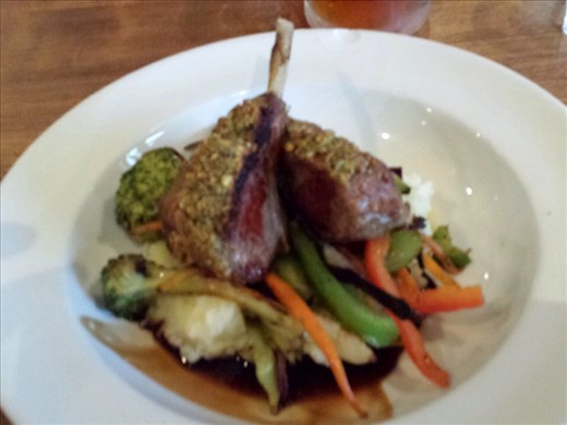 Treated myself to a fancy dinner. Lamb chops I think. All the meals I've had in NZ they pile the food on top of each other. Mashed potatoes, vegetables and lamb. Beats me.