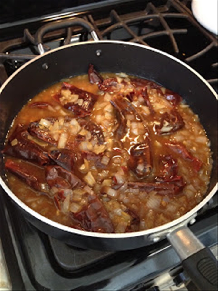 Red chile mix simmering.