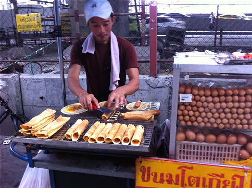 Yummy snack or breakfast 10 Baht each egg or meat sausage roll - Saphin Taksin 