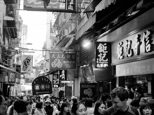 Busy side street of Lady's Market in Kowloon District.