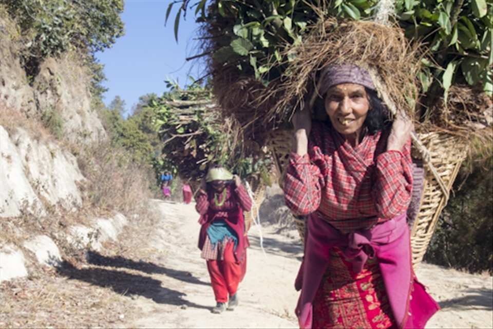 Women with traditional baskets full of foliage