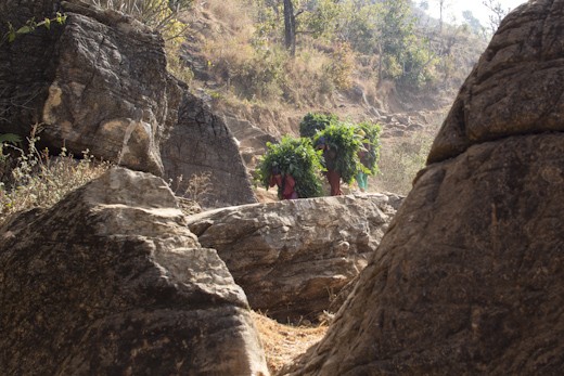 Women weave their way through rocks carrying baskets