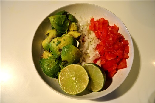 Avocados, tomatoes, sweet onion, lime and pinch of salt will make guacamole