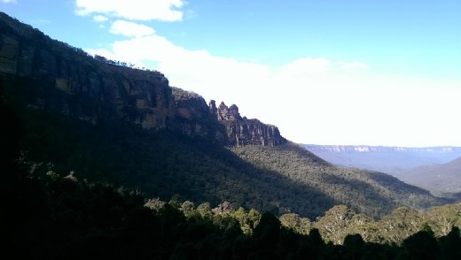 View of 3 Sisters from base of funicular train.