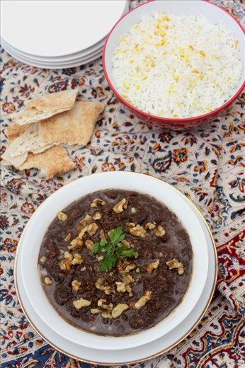 Pomegranate & Walnut Chicken Stew with Persian Rice (Fesenjoon) 