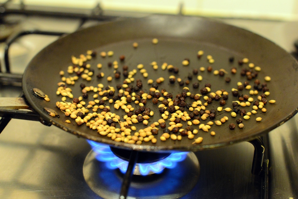 Roasting the dry spices fills the kitchen with a delicious scent.