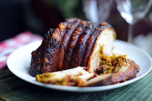 Babi guling: heavenly crackling and gently spiced, tender flesh.