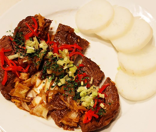 Beef and Daikon: Closeup with the Soy-Dusted Fresh Daikon.
