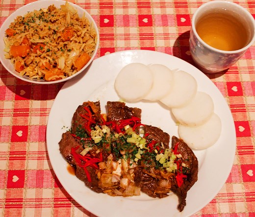 Full Meal: Chahan, Ginger Beef, and Sencha Green Tea.