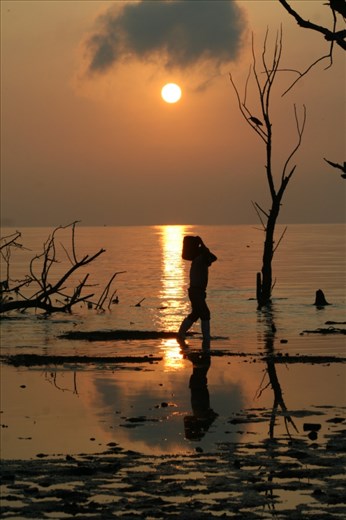 FISHERMAN WALKS ON SHORE OF LAKE