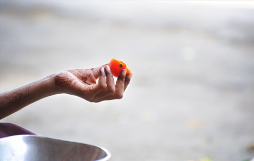 A young girl observing her meal