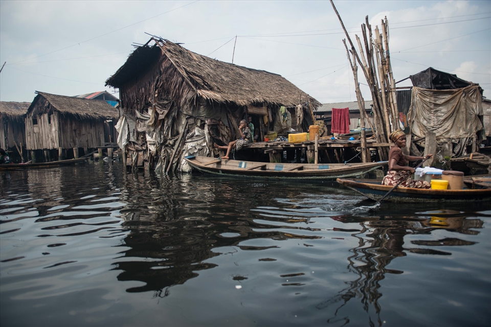 Houses built up of clay soil in the floating slum neighborhood of Makoko in Lago