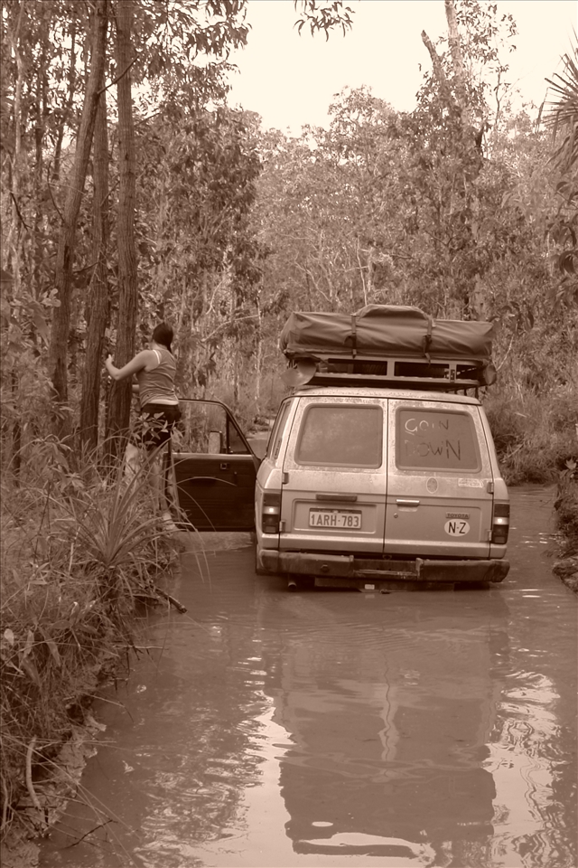 Another great story: bogged in the middle of the river.