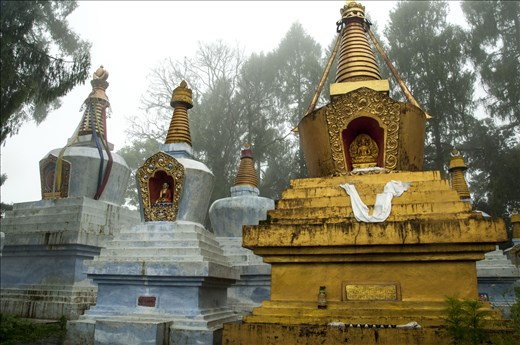 Estupas blancas en la niebla