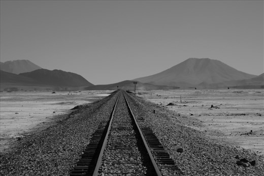 Uyuni -  Bolivia. 
train trails on the salt desert. 
