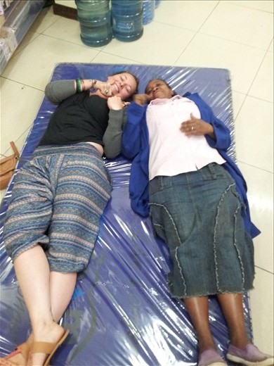 Checking out the mattresses at our local supermarket. Yep, seems good!