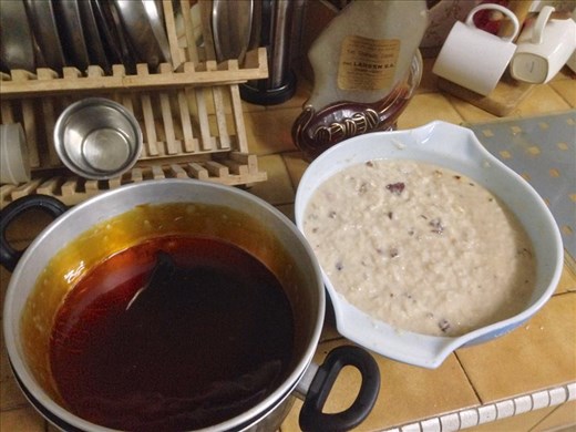 Pudding batter on the right, sugar-coated baking pan on the left. 