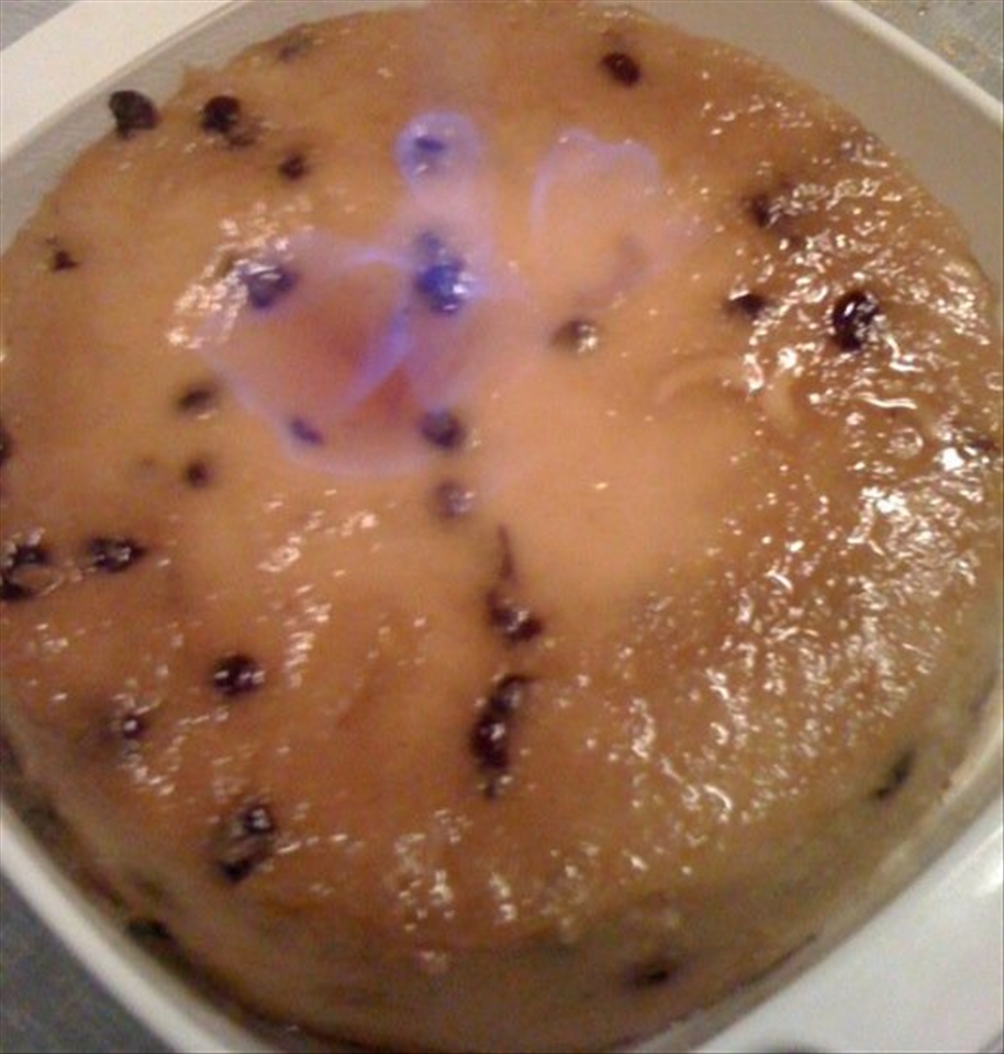 The bread pudding being flambed. Awesome sight, if you can get it right!