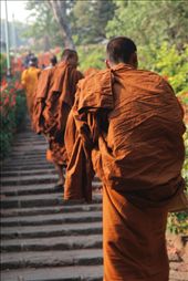 Saffron colored robes are favoured by monks practicing Theravada Buddhism – the dominant Buddhism in Thailand.  The dull brownish tone is achieved by using natural dyes from tree bark.    : by maree323, Views[1023]