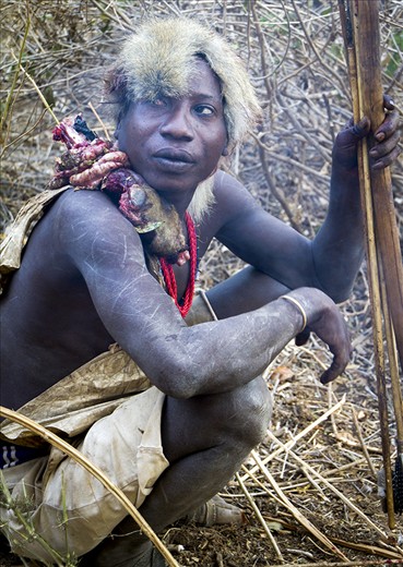 With primitive weapons in hand he wears sliver of monkey skin on his head.  