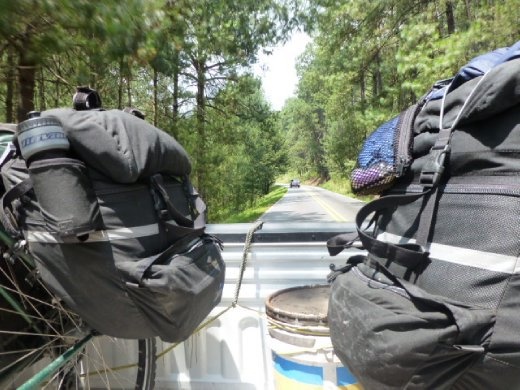 cuotas in Mexico don't allow cyclists, usually they let us anyways, but not this time on our way to Valle de Bravo - we got a ride in the back of a truck though.....