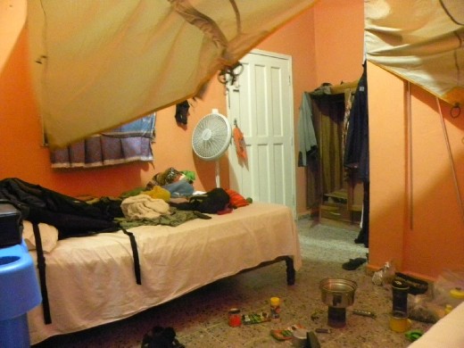 Drying out the tent in a Hotel in Puerto Cortes.