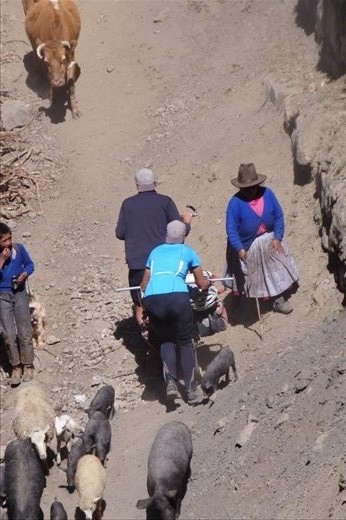 takes two people to push the bikes up the other side of the river through the sand and dust.