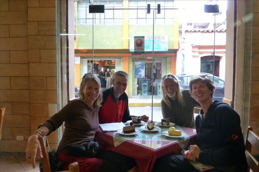 Reuniting with Indre and Waldemar in Puno - doing what we do best: Eating chocolate cake!
