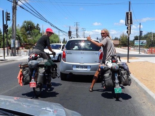 Escorted by two cars - heading out of town to Ruta 5