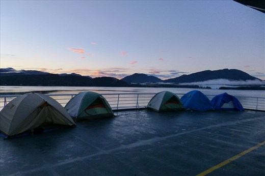 Set up camp on the ferry - Juneau in the early morning hours in the background.