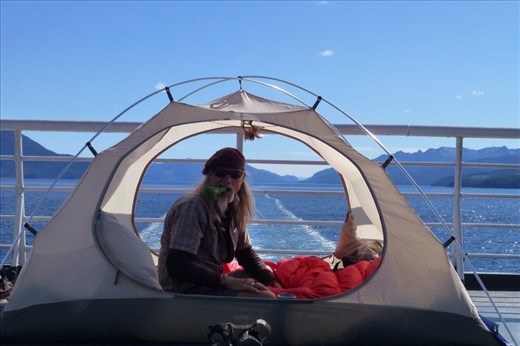 million $ campsite. James with broccoli in his mouth.