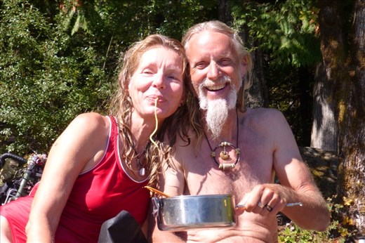 James and I enjoying a leftover lunch of spaghetti,