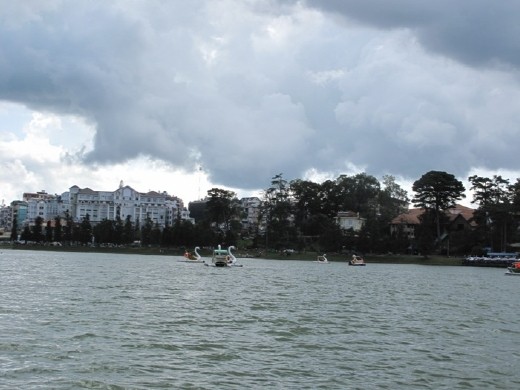 Riding a paddle swans on lake at Dalat