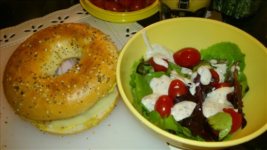 Starving, made a smoked turkey ham and provolone cheese bagel w/salad.