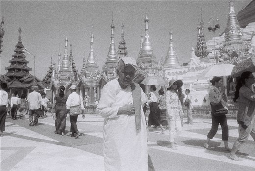 Female monks walking around the Shwedagon Pagoda were clad in pink robes.