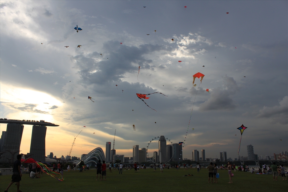 A sky full of kites. Roof garden on top of Marina barrage, during weekend many people gather here for picnic, enjoy the city skyline, and its location near the sea, constant wind,  a perfect place to play kite and have fun. 
 
