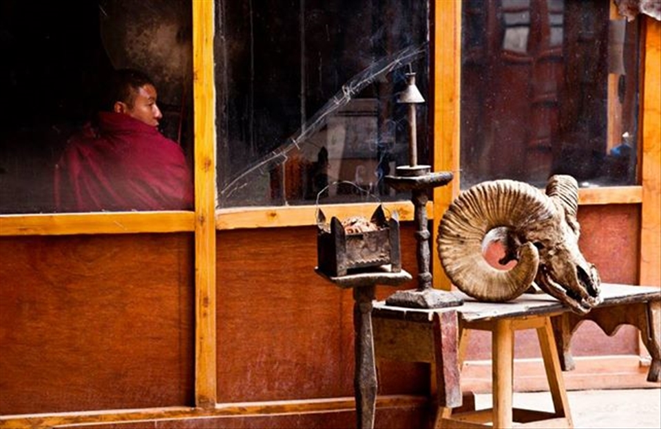 Buddhist rituals in a gompa near the city of Leh in Ladakh - India