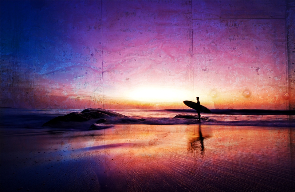 After a week of waking up at 5am to see the most incredible sunrise every morning, I decided to take a different stance (quite literally) and incorporate my surfboard into the photograph. I set my shutter release self timer to 10 seconds having set up for the shot, and quickly ran into the spot I had mentally marked out. I couldn't hear the shutter amongst the waves and so I had no idea whether I had made it over in time, tripping over my ankle strap on my way to make matters worse! Nevertheless, when I returned to my camera, whilst receiving an intrigued look from a rising local on the way, I found a beauty - it had worked first time! Post-processing involved tone enhancing and a textured overlay of wooden panels with rusty bolts and peeling paint. This reflects the old wooden huts on stilts I was staying in at the time, giving the picture a real rustic surfer feel.