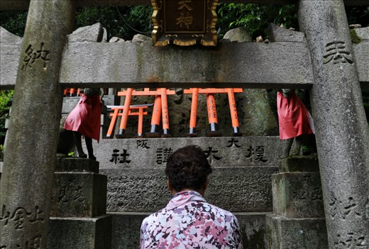 Elderly lady captured in quiet prayer around the Fushimi Inari Shrine.