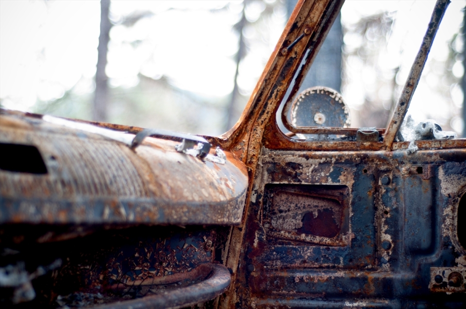 The burned out interior of my Uncle's VW bus