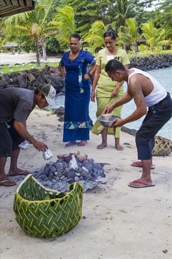 Traditional Cooking, Of course the coconut provides food and ingredients for cooking. The tree also provides other uses in this activity. The basket in the foreground is woven from coconut tree leaves and is used to collect banana leaves for covering  the traditional  “stone” oven during cooking and gathering cooked foods when done. The coconut shell is used as a container to heat liquid foods, such as this tuna in coconut cream being ladled (by a shell) in the picture.