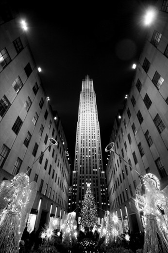 Rockefeller Center Christmas decorations and 'Top of the Rock' building. 