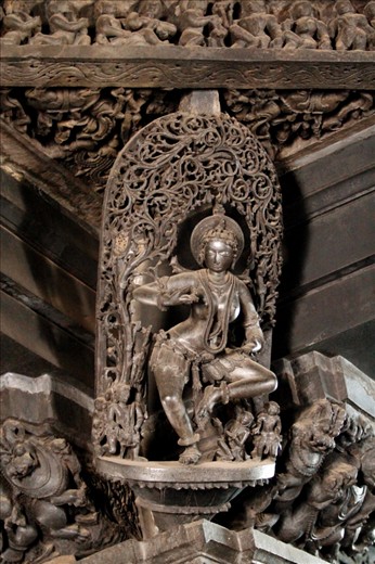 A sculpture showing a woman engaged in a dance form.
The channakeshava temple is more known for the “SHILABALIKE” (Images of woman carved in stone) all around the temple each one engaged in different activities, These sculptures even have interesting names such “SHUKA BHASHINI”, “DARPAN SUNDAR”.

It is said that the people hid the temple from invaders by covering it up completely under sand due to which it is still intact.