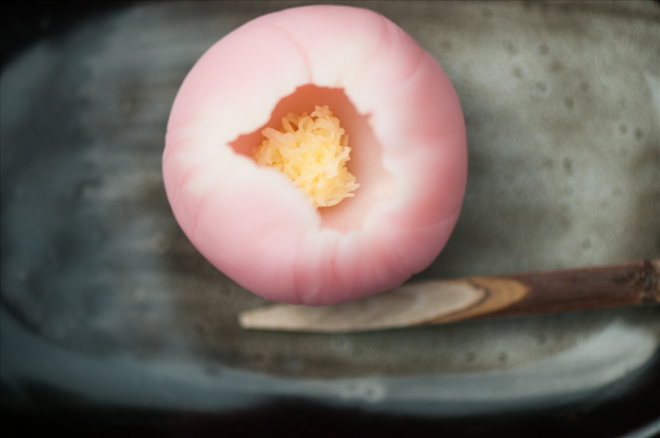 Wagashi, a sweet summer treat made from azuki bean paste. Often served with green tea and eaten with a bamboo skewer