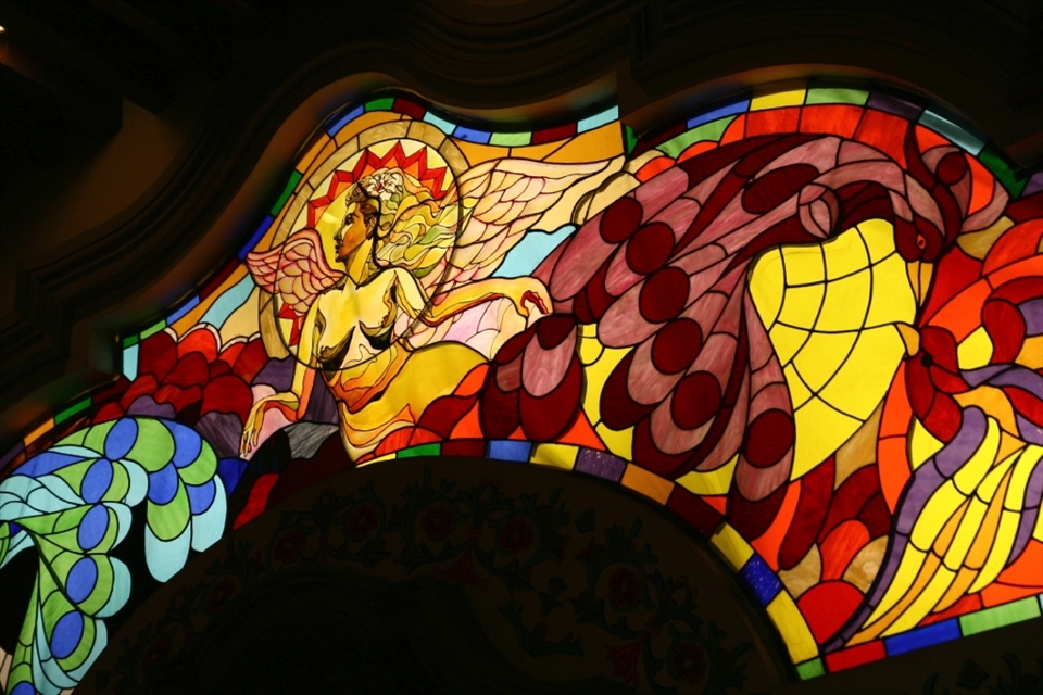 Stained glass in an old chapel turned restaurant in Downtown Mexico City.